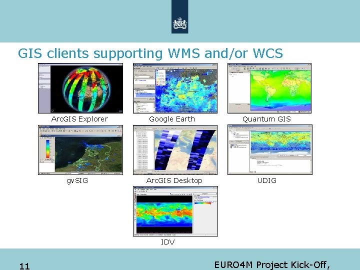 GIS clients supporting WMS and/or WCS Arc. GIS Explorer gv. SIG Google Earth Arc.