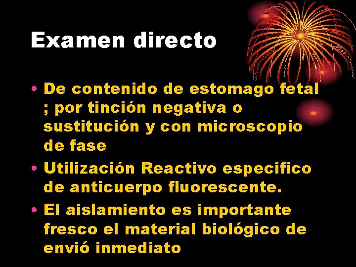 Examen directo • De contenido de estomago fetal ; por tinción negativa o sustitución