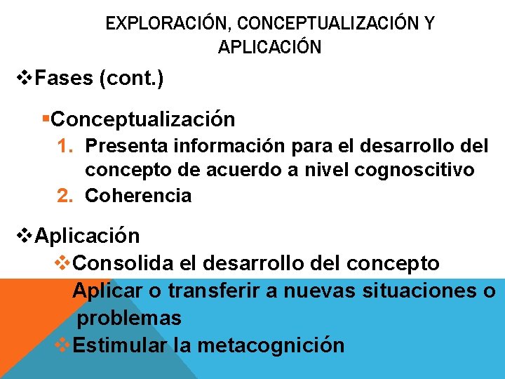 EXPLORACIÓN, CONCEPTUALIZACIÓN Y APLICACIÓN v. Fases (cont. ) §Conceptualización 1. Presenta información para el