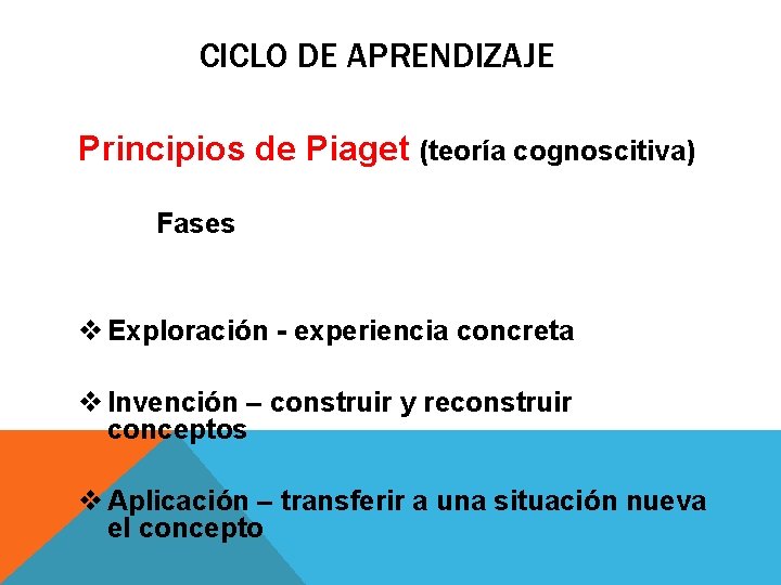 CICLO DE APRENDIZAJE Principios de Piaget (teoría cognoscitiva) Fases v Exploración - experiencia concreta