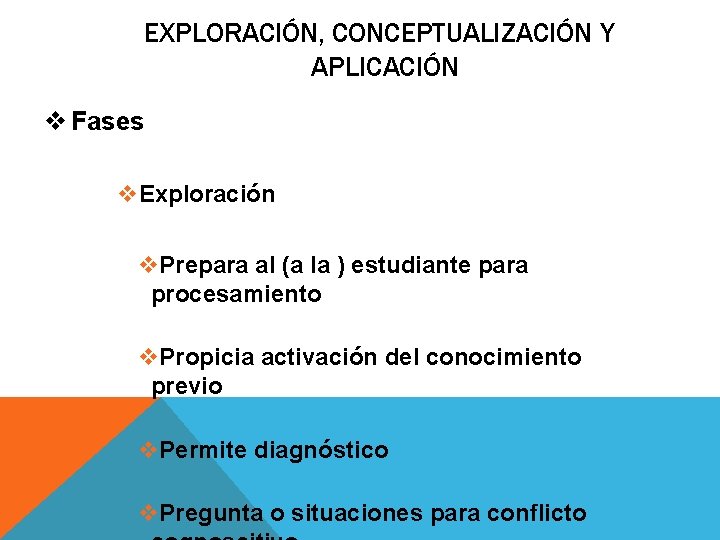 EXPLORACIÓN, CONCEPTUALIZACIÓN Y APLICACIÓN v Fases v. Exploración v. Prepara al (a la )