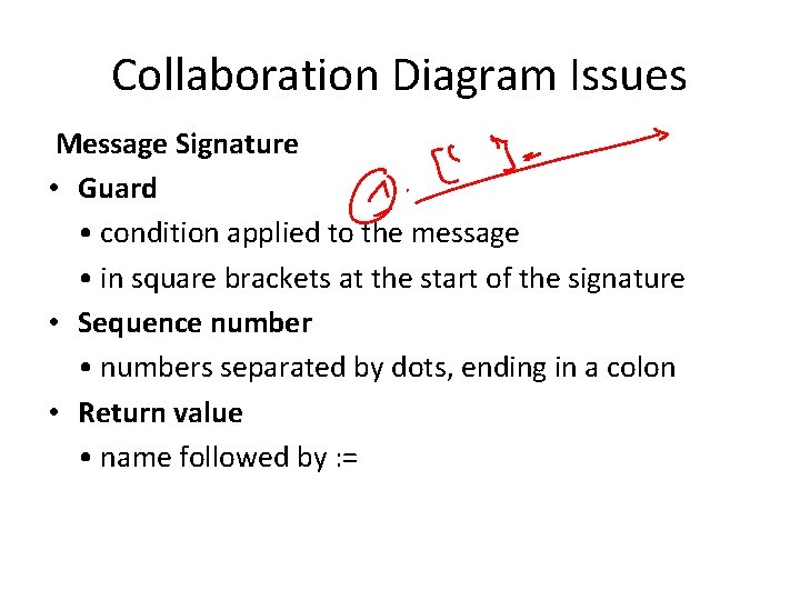 Collaboration Diagram Issues Message Signature • Guard • condition applied to the message •