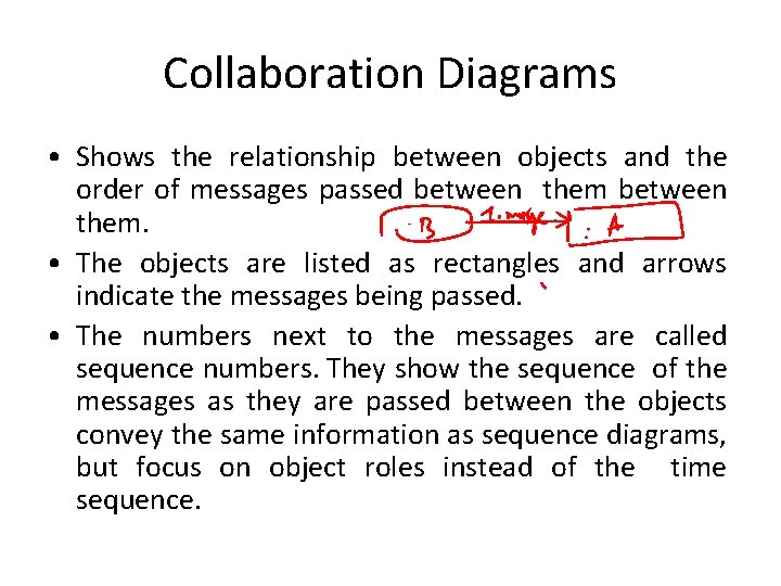 Collaboration Diagrams • Shows the relationship between objects and the order of messages passed