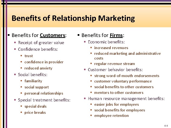 Benefits of Relationship Marketing § Benefits for Customers: § Receipt of greater value §