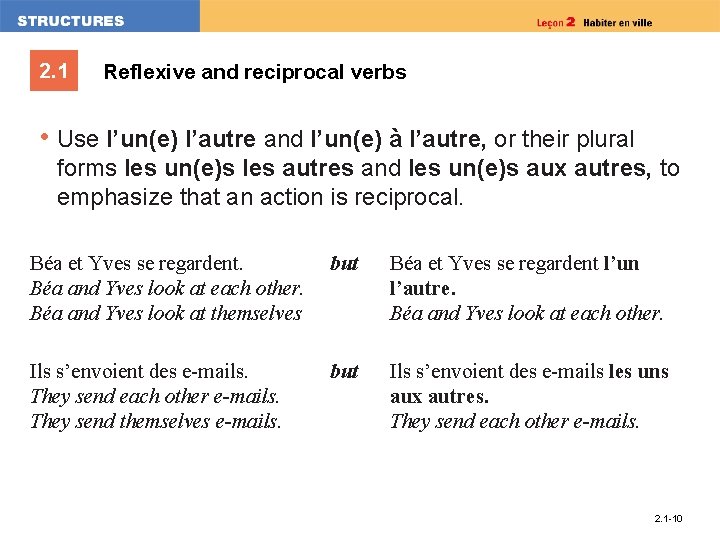 2. 1 Reflexive and reciprocal verbs • Use l’un(e) l’autre and l’un(e) à l’autre,