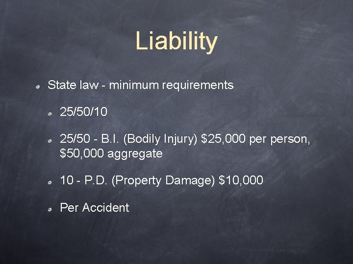 Liability State law - minimum requirements 25/50/10 25/50 - B. I. (Bodily Injury) $25,