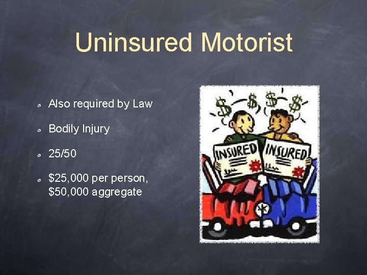 Uninsured Motorist Also required by Law Bodily Injury 25/50 $25, 000 person, $50, 000