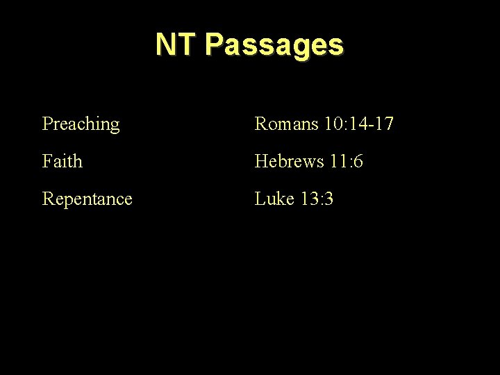 NT Passages Preaching Romans 10: 14 -17 Faith Hebrews 11: 6 Repentance Luke 13:
