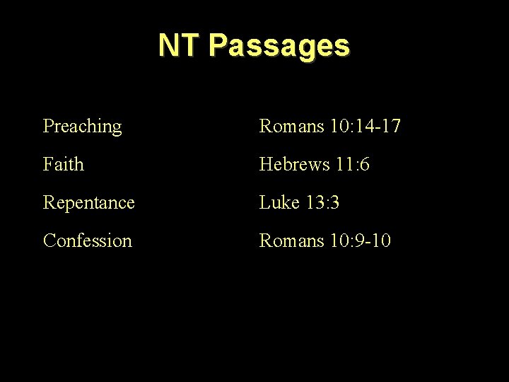 NT Passages Preaching Romans 10: 14 -17 Faith Hebrews 11: 6 Repentance Luke 13:
