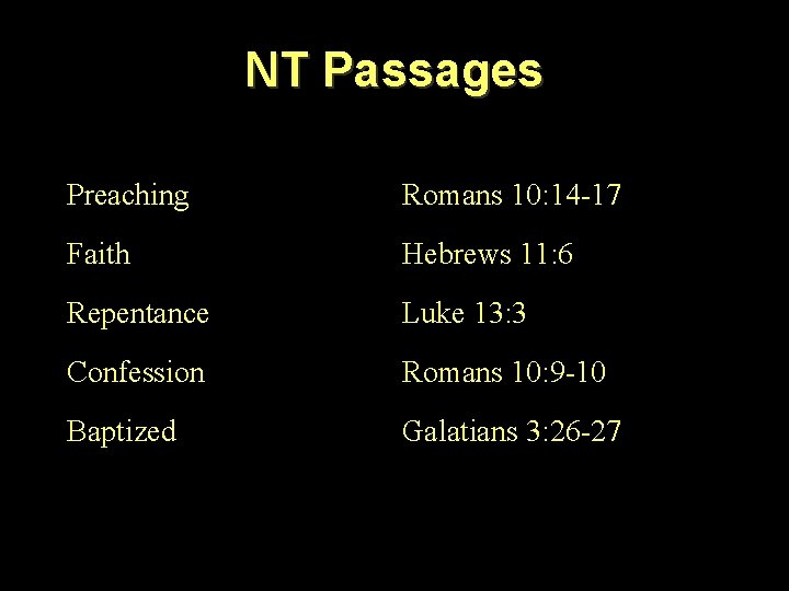 NT Passages Preaching Romans 10: 14 -17 Faith Hebrews 11: 6 Repentance Luke 13: