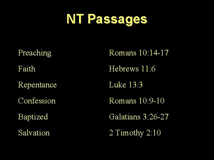 NT Passages Preaching Romans 10: 14 -17 Faith Hebrews 11: 6 Repentance Luke 13: