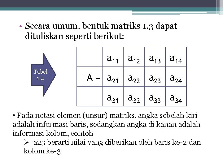  • Secara umum, bentuk matriks 1. 3 dapat dituliskan seperti berikut: a 11