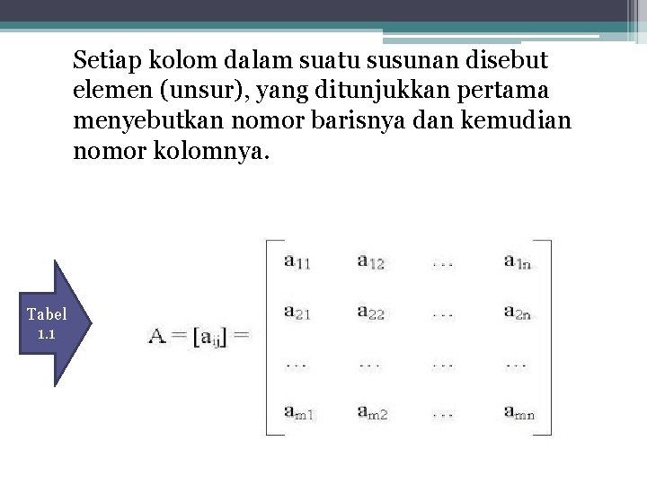Setiap kolom dalam suatu susunan disebut elemen (unsur), yang ditunjukkan pertama menyebutkan nomor barisnya