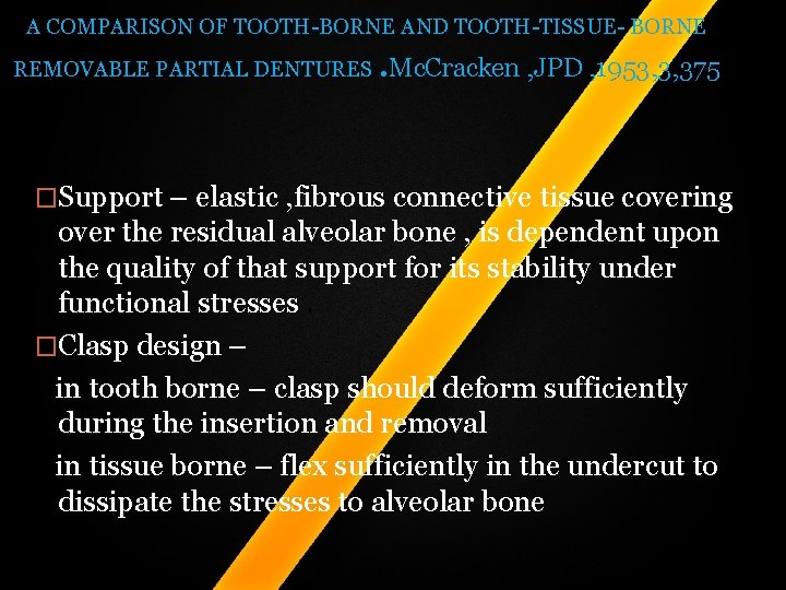 A COMPARISON OF TOOTH-BORNE AND TOOTH-TISSUE- BORNE REMOVABLE PARTIAL DENTURES . Mc. Cracken , A COMPARISON OF TOOTH-BORNE AND TOOTH-TISSUE- BORNE REMOVABLE PARTIAL DENTURES . Mc. Cracken ,