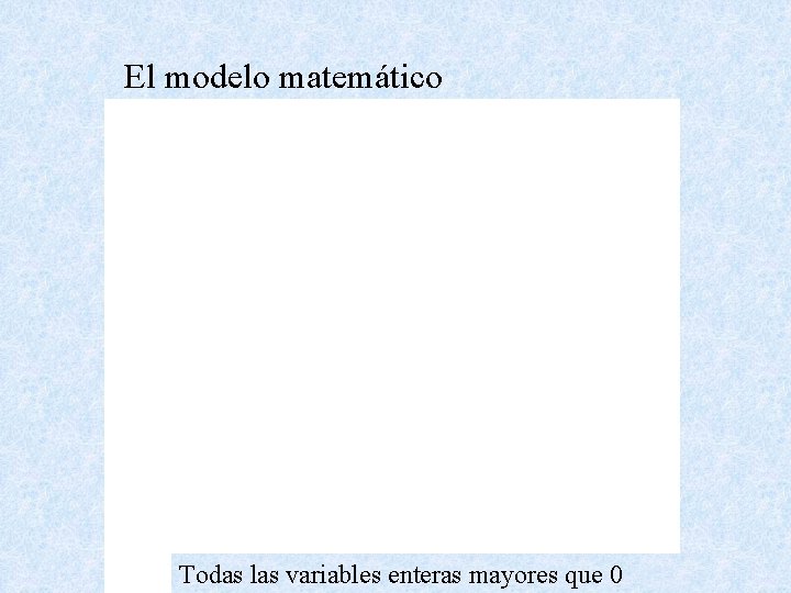  • El modelo matemático Todas las variables enteras mayores que 0 