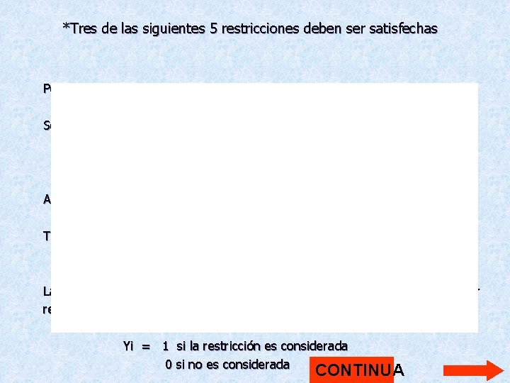 *Tres de las siguientes 5 restricciones deben ser satisfechas Por lo menos $250. 000