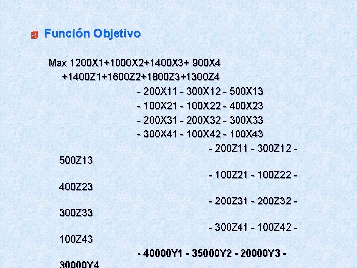  Función Objetivo Max 1200 X 1+1000 X 2+1400 X 3+ 900 X 4