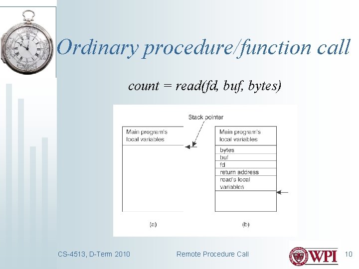 Ordinary procedure/function call count = read(fd, buf, bytes) CS-4513, D-Term 2010 Remote Procedure Call