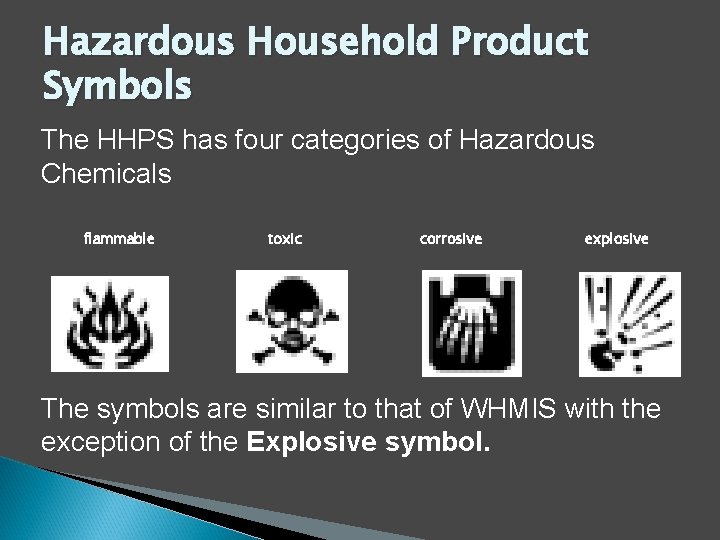 Hazardous Household Product Symbols The HHPS has four categories of Hazardous Chemicals flammable toxic