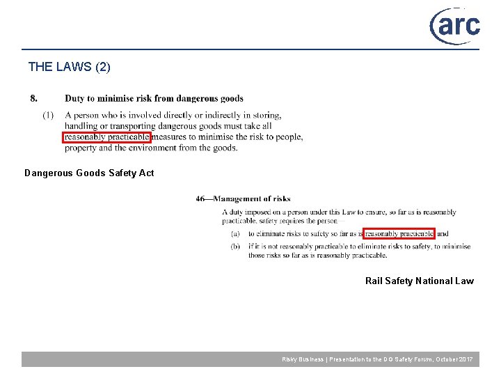 THE LAWS (2) Dangerous Goods Safety Act Rail Safety National Law Risky Business |