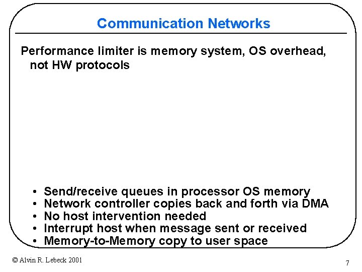 Communication Networks Performance limiter is memory system, OS overhead, not HW protocols • Send/receive