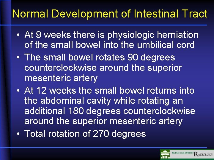 Normal Development of Intestinal Tract • At 9 weeks there is physiologic herniation of