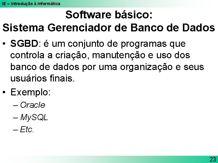 IE – Introdução à Informática Software básico: Sistema Gerenciador de Banco de Dados •