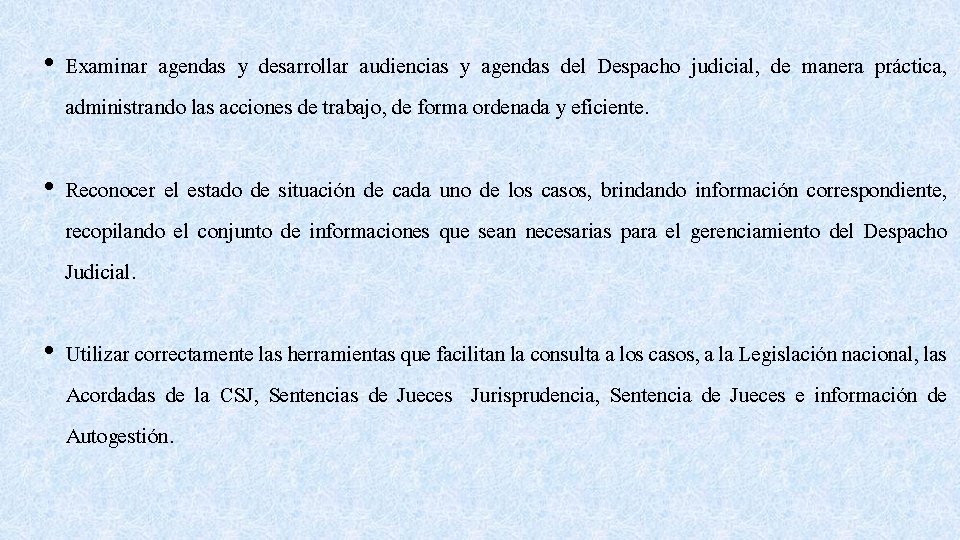  • Examinar agendas y desarrollar audiencias y agendas del Despacho judicial, de manera