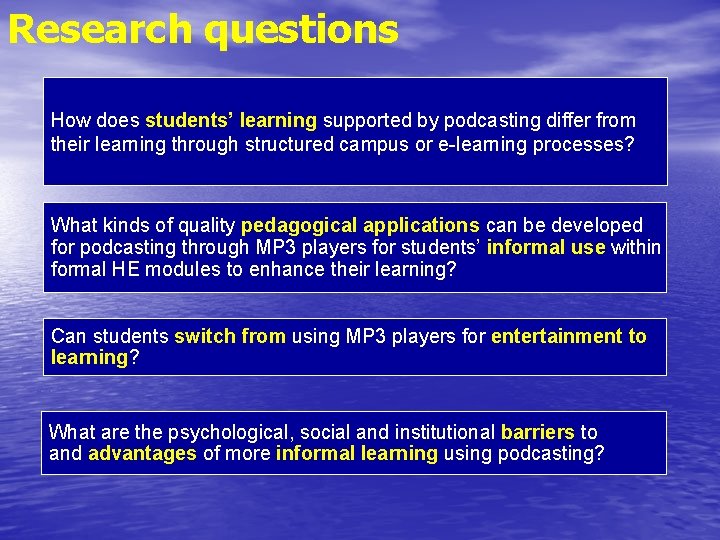 Research questions How does students’ learning supported by podcasting differ from their learning through