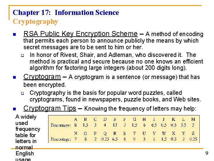 Chapter 17: Information Science Cryptography n RSA Public Key Encryption Scheme – A method