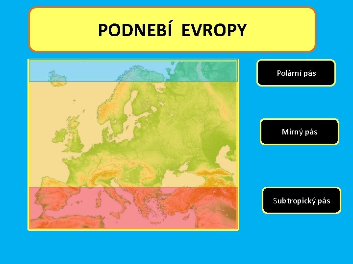 PODNEBÍ EVROPY Polární pás Mírný pás Subtropický pás 