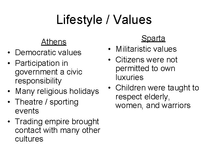 Lifestyle / Values • • • Sparta Athens • Militaristic values Democratic values •