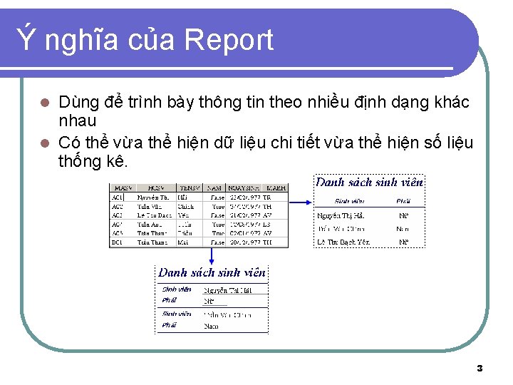 Ý nghĩa của Report Dùng để trình bày thông tin theo nhiều định dạng