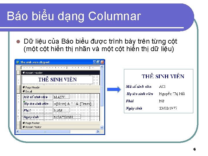 Báo biểu dạng Columnar l Dữ liệu của Báo biểu được trình bày trên