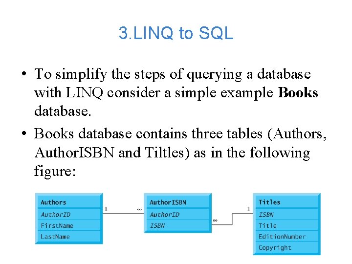 3. LINQ to SQL • To simplify the steps of querying a database with