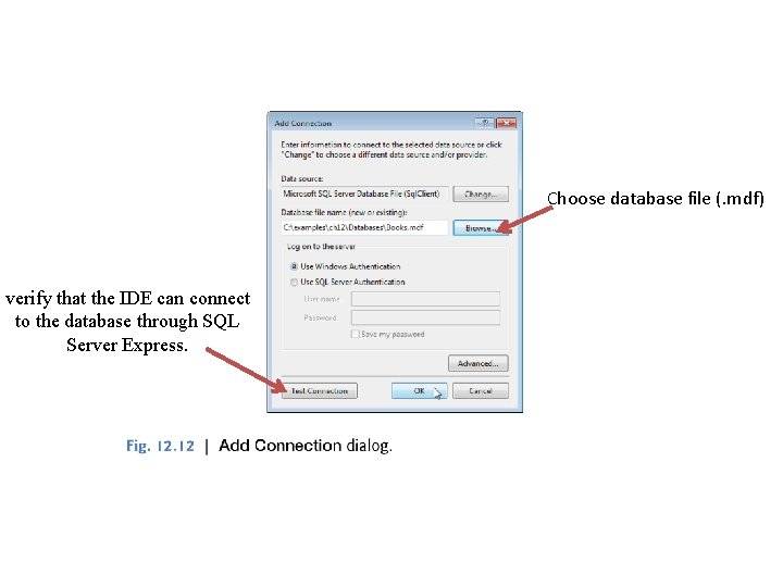 Choose database file (. mdf) verify that the IDE can connect to the database