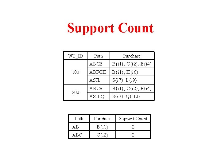 Support Count WT_ID 100 200 Path Purchase ABCE B{i 1}, C{i 2}, E{i 4}