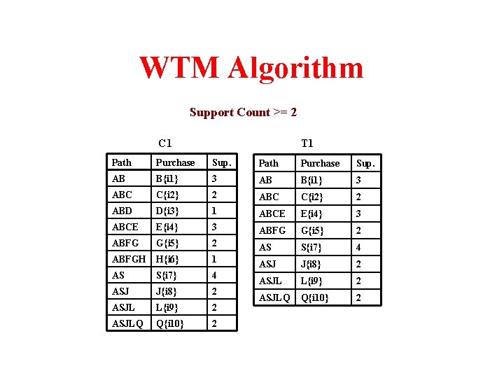 WTM Algorithm Support Count >= 2 C 1 T 1 Path Purchase Sup. AB