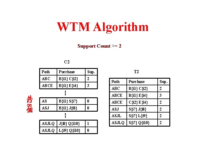 WTM Algorithm Support Count >= 2 C 2 28 共 個 Path Purchase Sup.