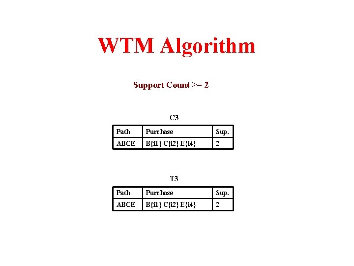 WTM Algorithm Support Count >= 2 C 3 Path Purchase Sup. ABCE B{i 1}