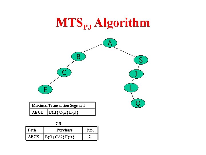 MTSPJ Algorithm A B S C J L E Q Maximal Transaction Segment ABCE