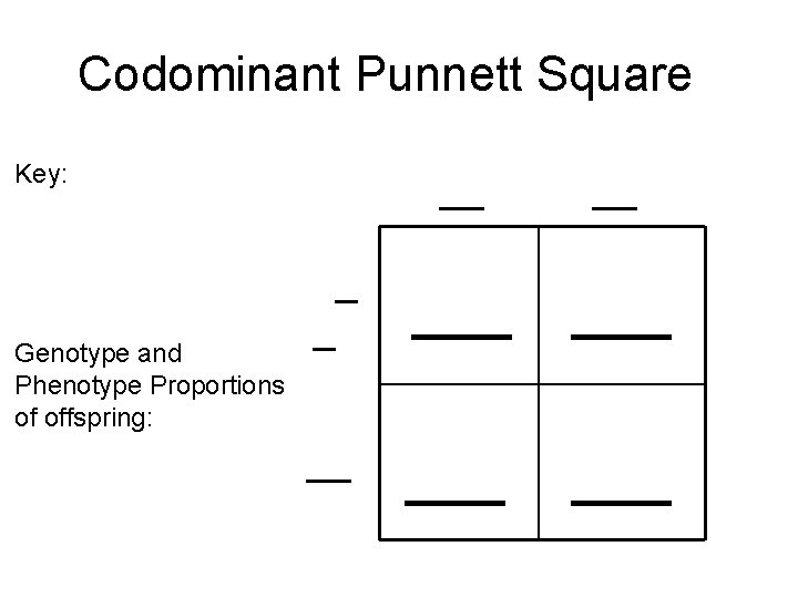 Codominant Punnett Square Key: Genotype and Phenotype Proportions of offspring: __ __ _ _