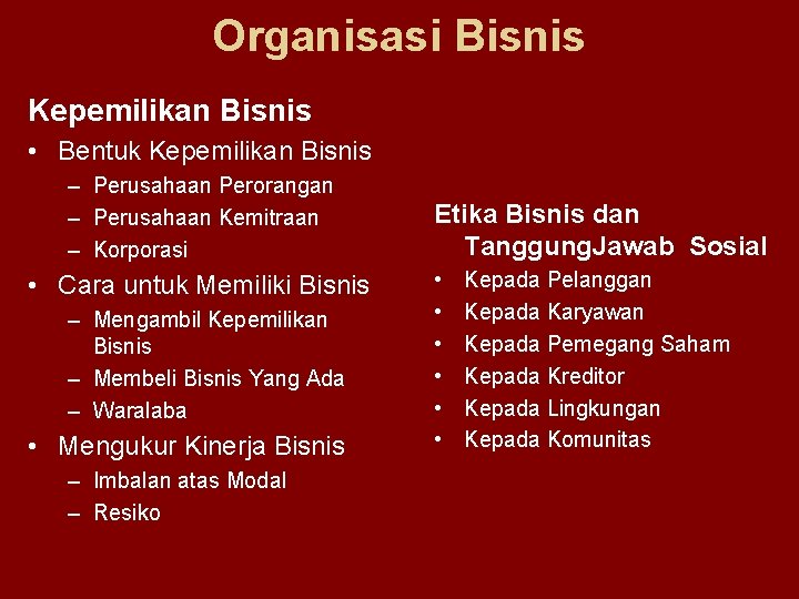 Organisasi Bisnis Kepemilikan Bisnis • Bentuk Kepemilikan Bisnis – Perusahaan Perorangan – Perusahaan Kemitraan