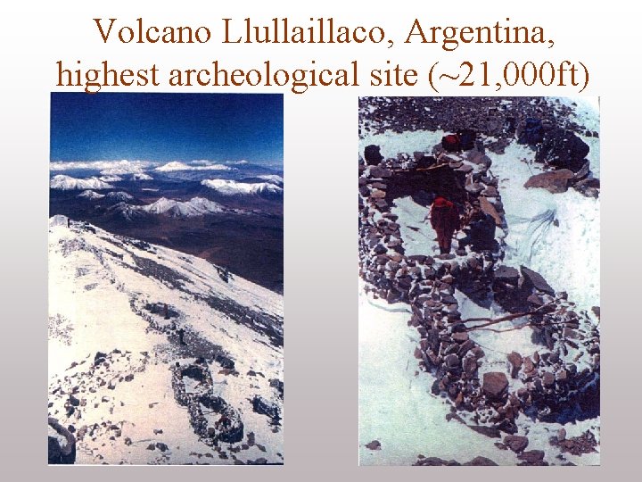 Volcano Llullaillaco, Argentina, highest archeological site (~21, 000 ft) 