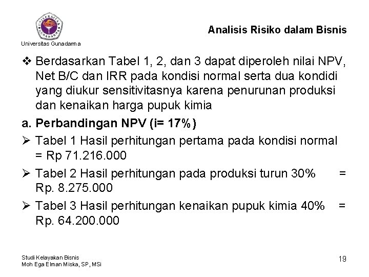 Analisis Risiko dalam Bisnis Universitas Gunadarma v Berdasarkan Tabel 1, 2, dan 3 dapat