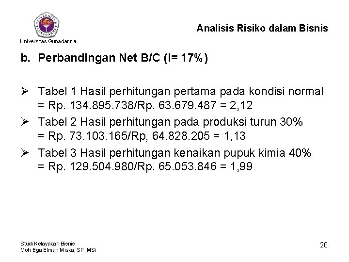 Analisis Risiko dalam Bisnis Universitas Gunadarma b. Perbandingan Net B/C (i= 17%) Ø Tabel