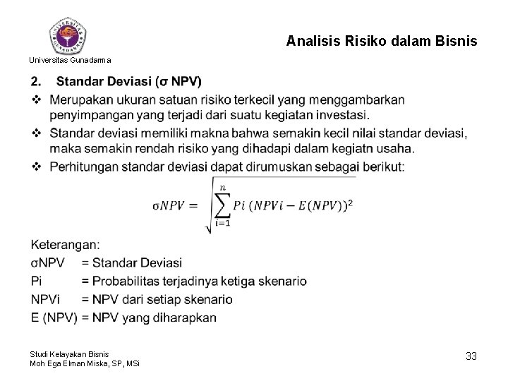 Analisis Risiko dalam Bisnis Universitas Gunadarma • Studi Kelayakan Bisnis Moh Ega Elman Miska,