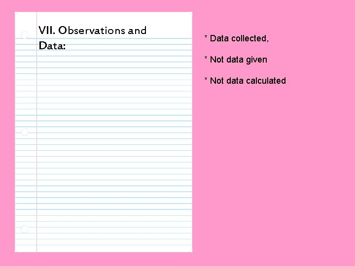 VII. Observations and Data: * Data collected, * Not data given * Not data