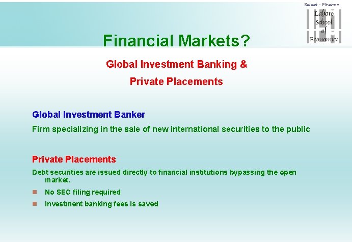 Salaar - Finance Financial Markets? Global Investment Banking & Private Placements Global Investment Banker