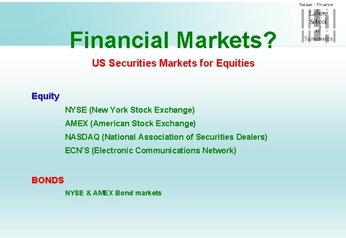 Salaar - Finance Financial Markets? US Securities Markets for Equities Equity NYSE (New York